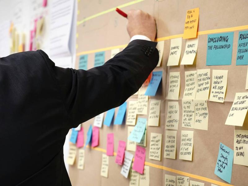 Un trabajador está escribiendo en diferentes post it