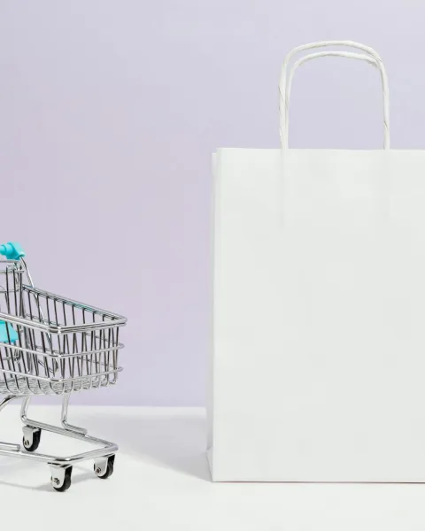 Un carro de la compra y una bolsa al lado