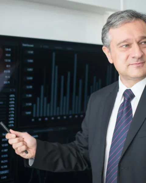 Un empresario está exponiendo en una pantalla estadísticas